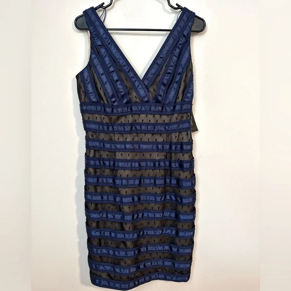 Nwt Carmen Marc Valvo Silk Lined Beaded Cocktail Blue Mesh Dress
